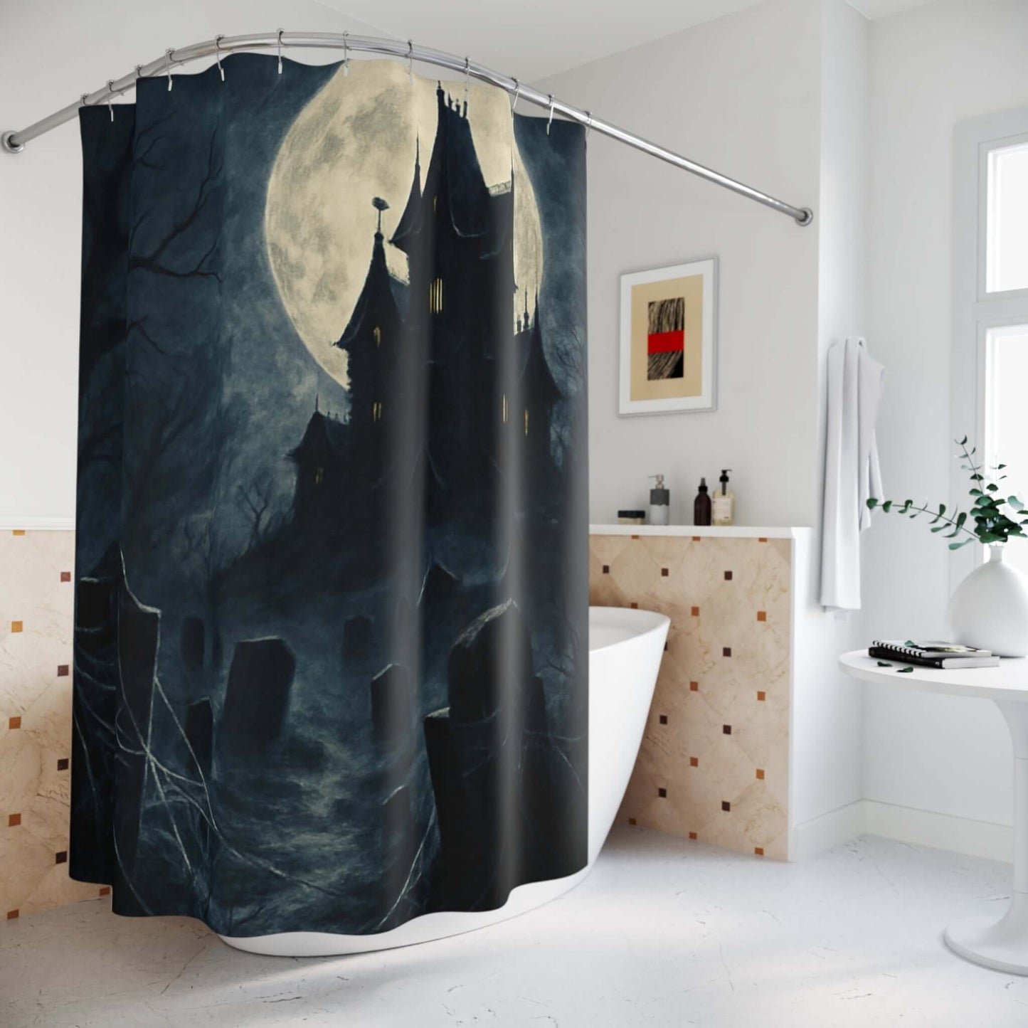 Halloween Shower Curtain, Spooky Bathroom Decor, Gothic Home Accents-Digital Chaotik