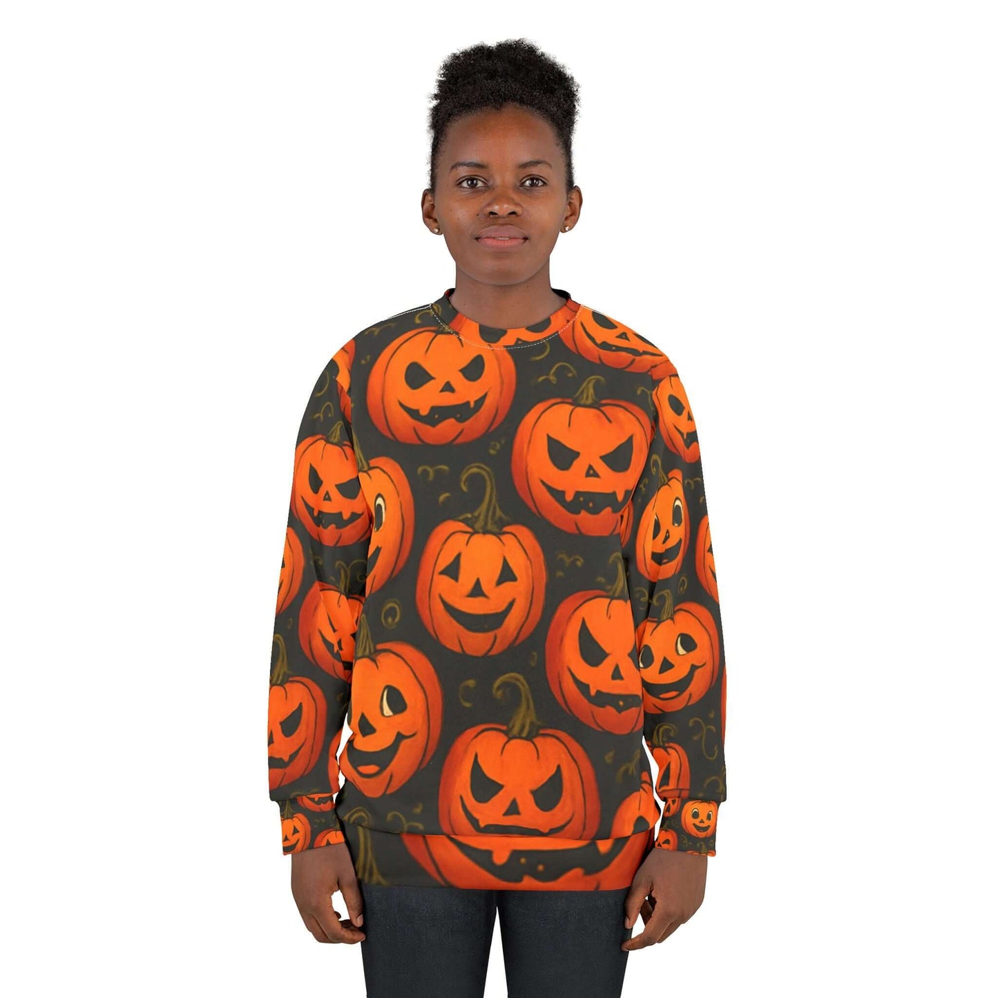 Halloween Sweatshirt, Pumpkin Print Pullover for Fall, Cozy apparel-Digital Chaotik