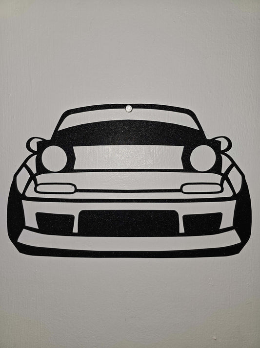 Mazda Miata wall decor featuring a black and white artistic representation of the front of the Mazda Miata.