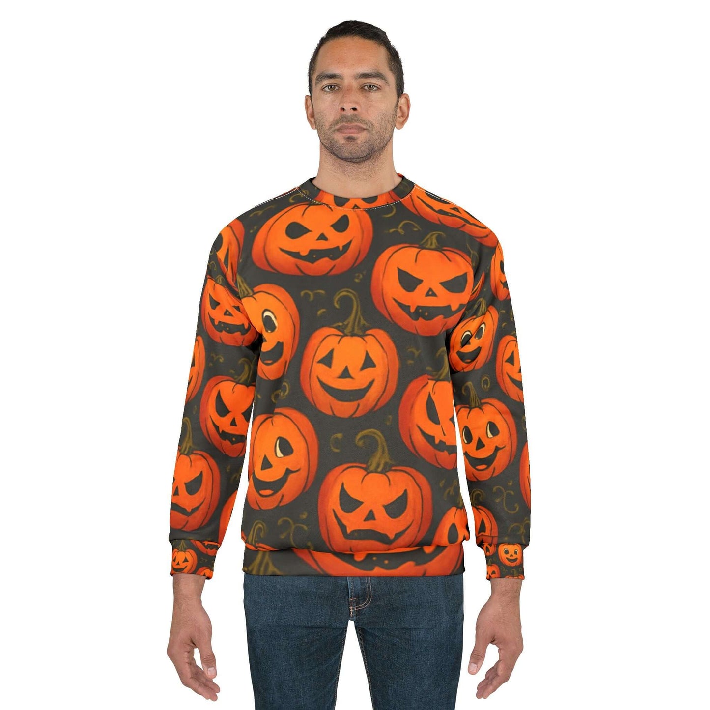 Halloween Sweatshirt, Pumpkin Print Pullover for Fall, Cozy apparel-Digital Chaotik