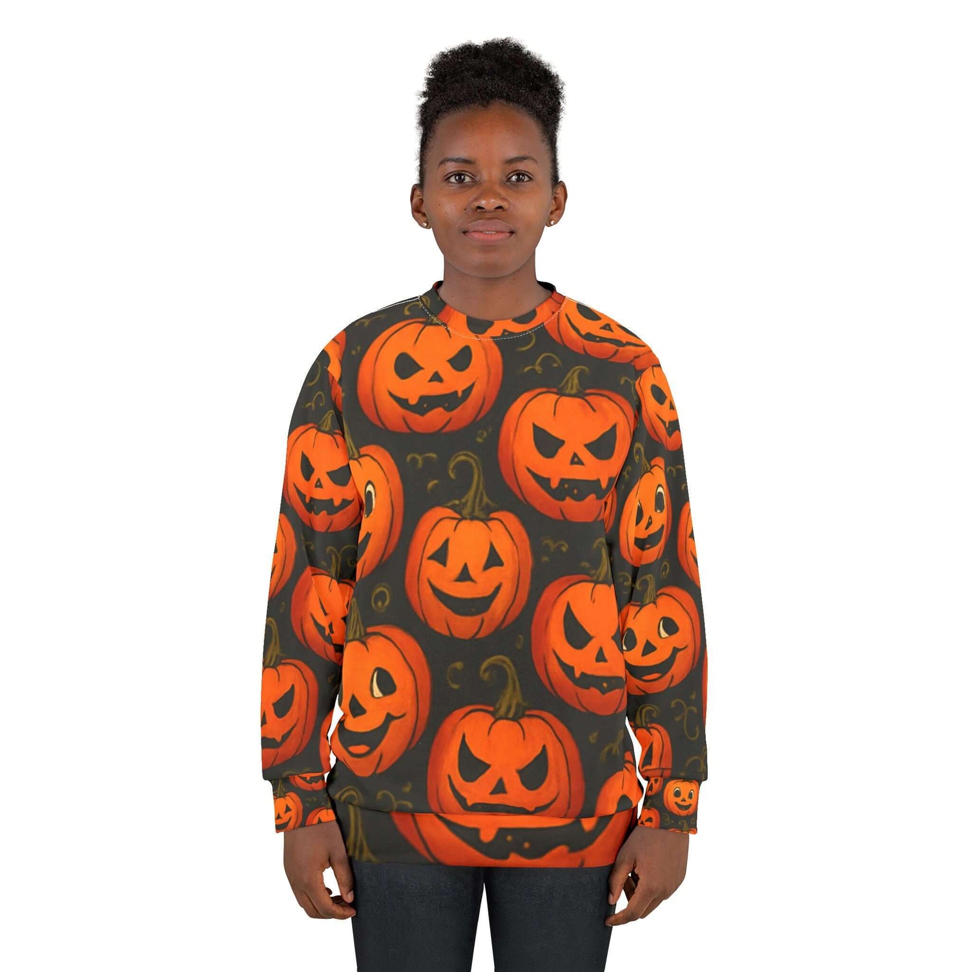 Halloween Sweatshirt, Pumpkin Print Pullover for Fall, Cozy apparel-Digital Chaotik