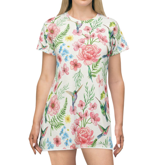 Floral Hummingbird T-Shirt Dress — Watercolor Blossom All-Over Print - Digital Chaotik