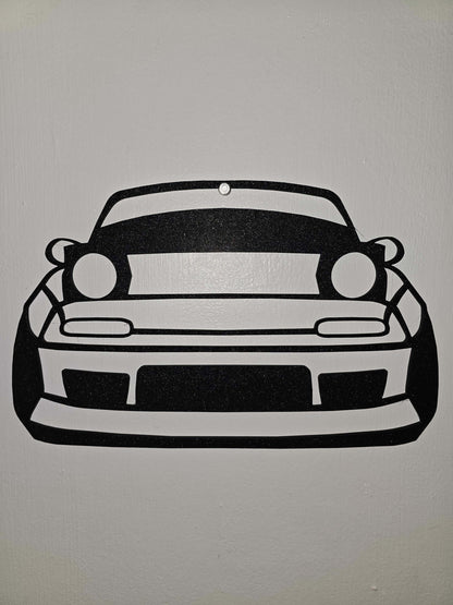 Mazda Miata wall decor featuring a black and white artistic representation of the front of the Mazda Miata.