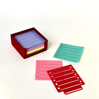 post it holder organizer with colorful sticky notes and checklist notepads on a white background