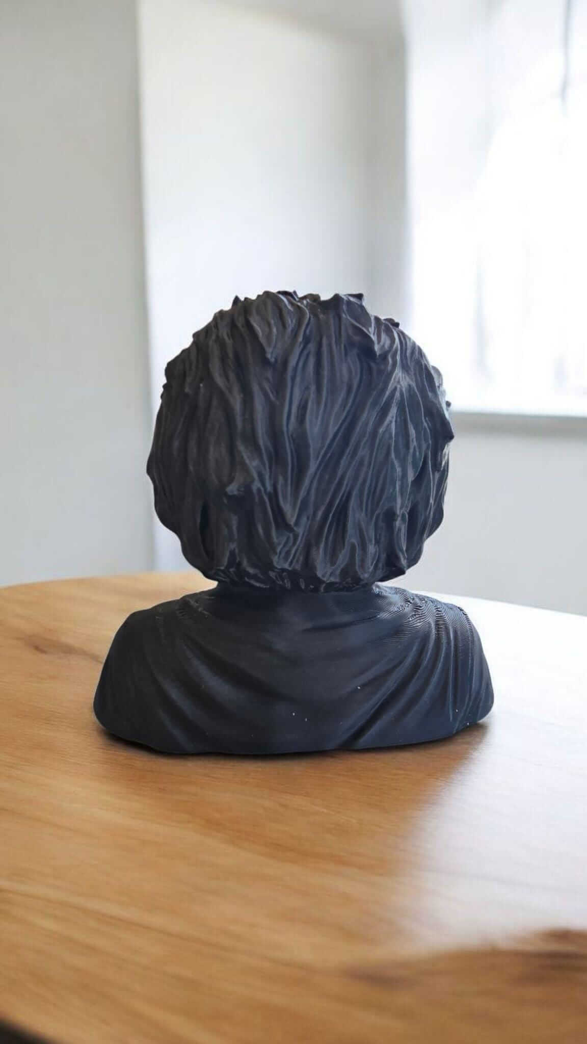 3D printed Einstein sculpture showcasing the back view with detailed hair texture and modern design.