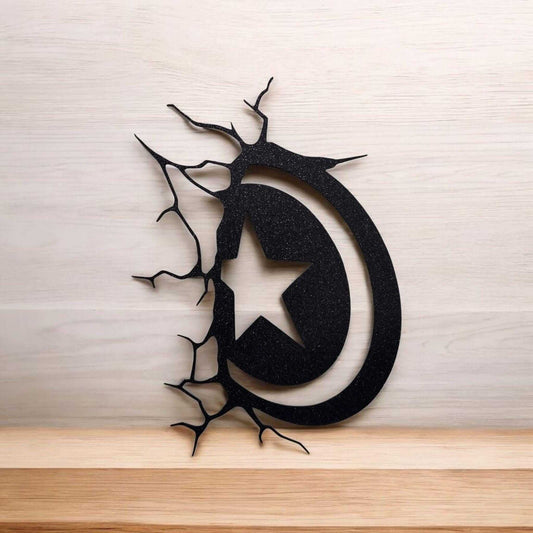 Captain America shield wall art design with a cracked wall effect, perfect for geeky home decor.