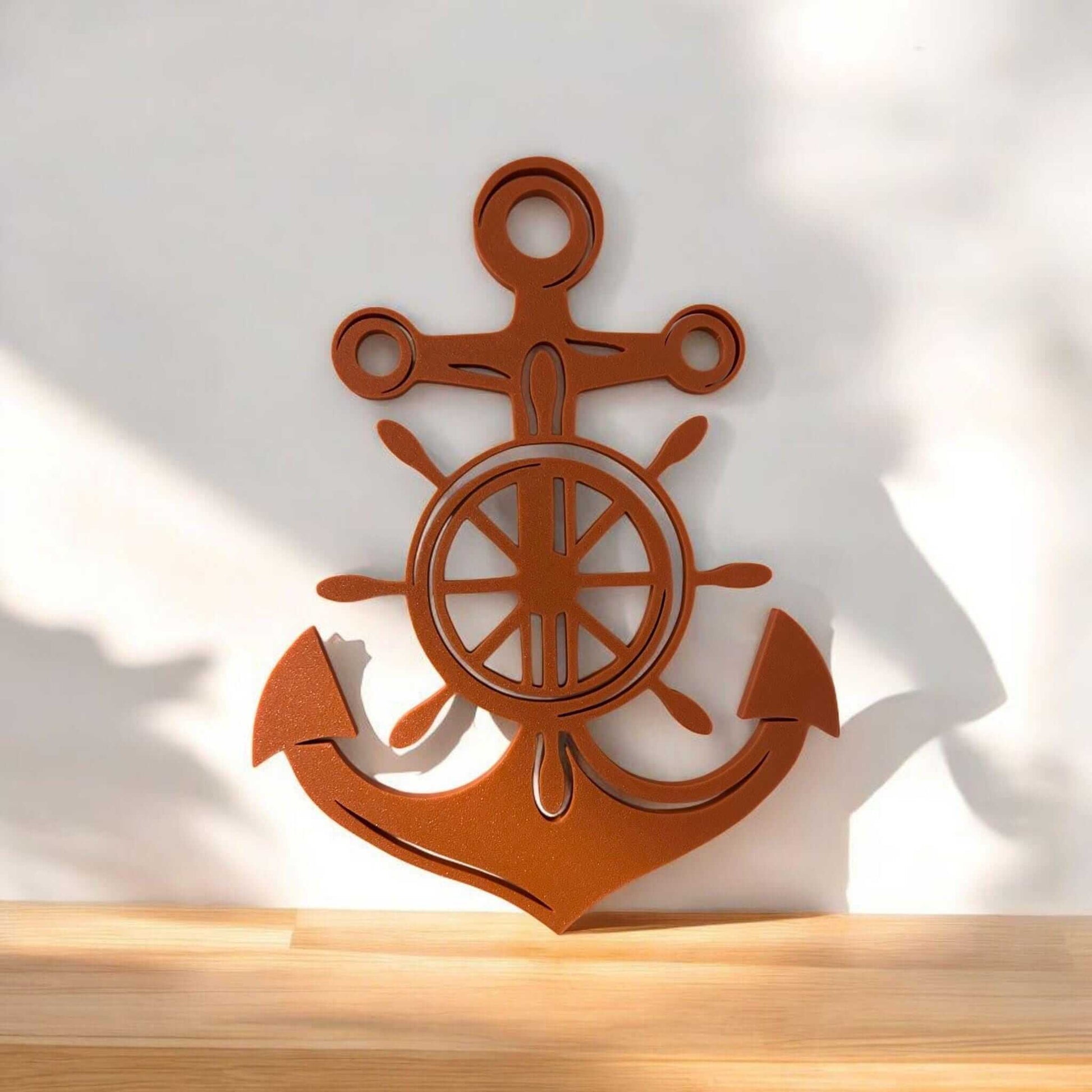 nautical wall art featuring a wooden anchor design with a ship wheel center, perfect for coastal decor.