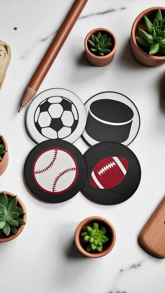 Sports Coaster Set: Handmade Football, Baseball, Hockey, Soccer - USA Made-Digital Chaotik