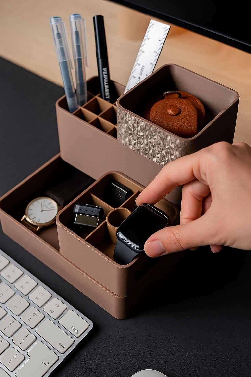 Modern Desk Organizer – Multi-Compartment Pen, Watch & Accessory Holder, Minimalist Office Storage Solution-Digital Chaotik