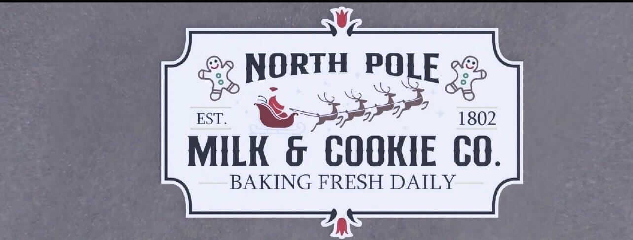 Christmas kitchen decor sign featuring North Pole Milk & Cookie Co. with festive illustrations and vintage lettering.
