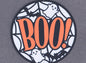 Halloween wall decor sign featuring a bold orange 'BOO!' with playful ghosts and bats in a web design.