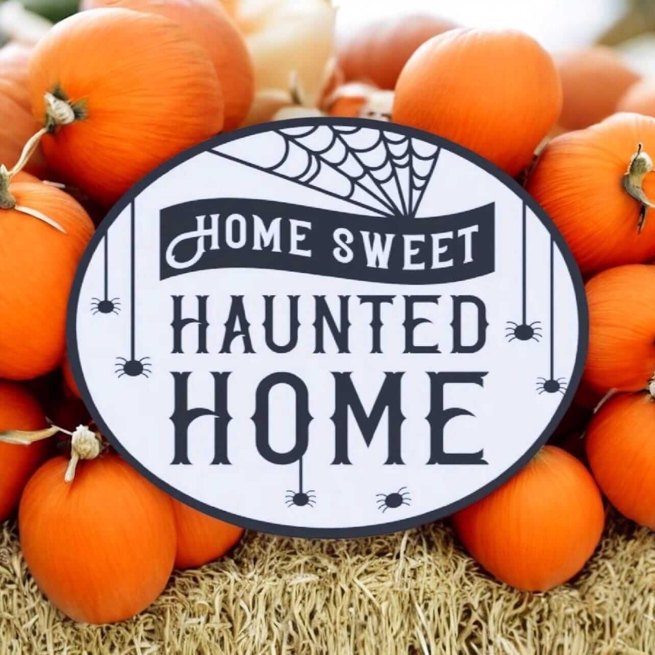 haunted home sign decor displayed among pumpkins for Halloween decor, featuring bold lettering and spider accents.