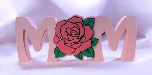 handmade mom sign decor featuring a pink rose accent, perfect for Mother's Day or home decor.