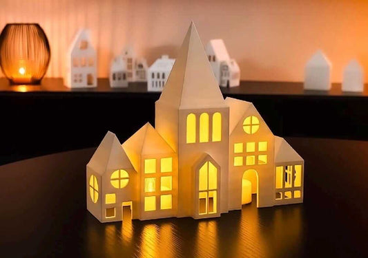 3D Printed Christmas Village House Lantern | Church Tealight Holder | LED Candle Decor | Holiday Centerpiece-Digital Chaotik